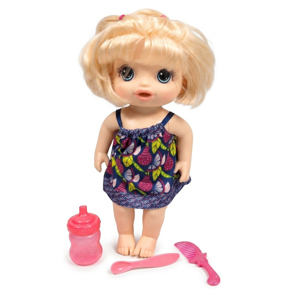 2017 Baby Alive Sweet Spoonfuls Doll Blonde Hair Blue Eyes Bottle, Spoon & Comb